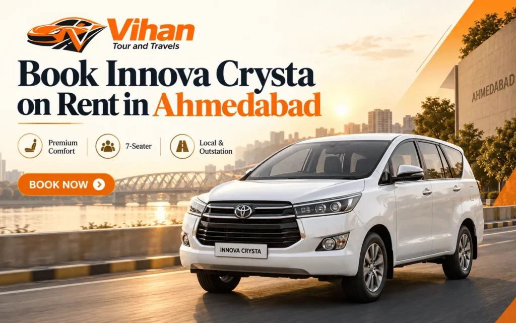 White Toyota Innova Crysta on rent in Ahmedabad for local, airport and outstation travel