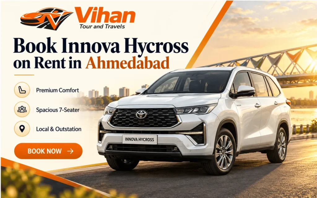 White Toyota Innova Hycross on rent in Ahmedabad for family, airport and outstation travel
