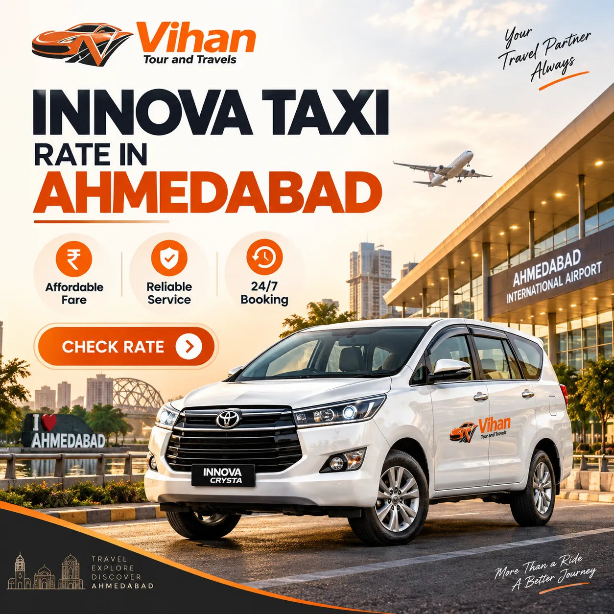 Innova taxi rate in Ahmedabad with Vihan Tour and Travels Innova Crysta for local, airport and outstation booking