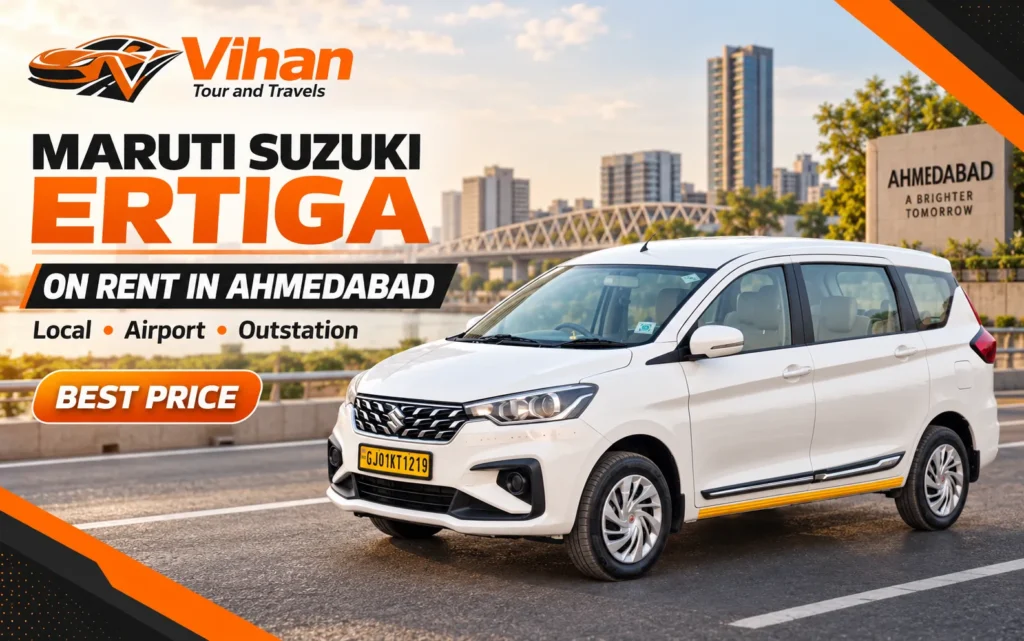 White Maruti Suzuki Ertiga on rent in Ahmedabad for local, airport and outstation travel