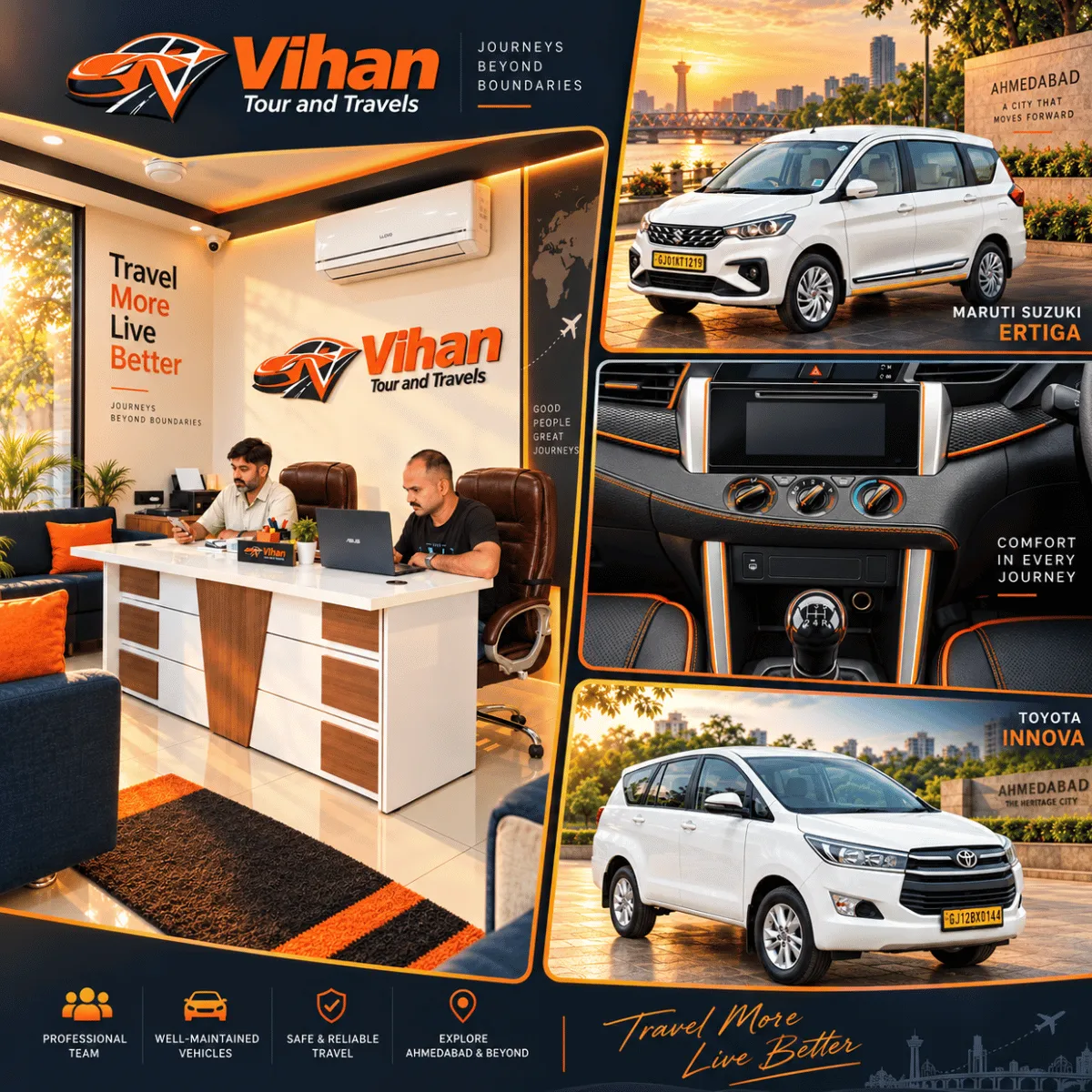 Vihan Tour and Travels Ahmedabad office with Ertiga and Innova cabs for local and outstation travel