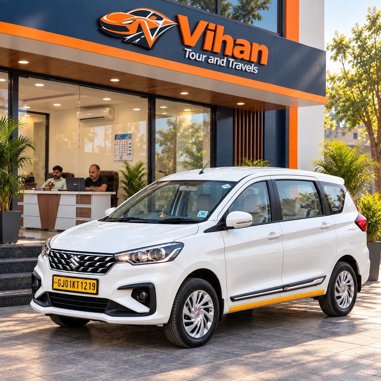 White Maruti Suzuki Ertiga cab parked outside Vihan Tour and Travels office in Ahmedabad with modern storefront and professional travel service setup