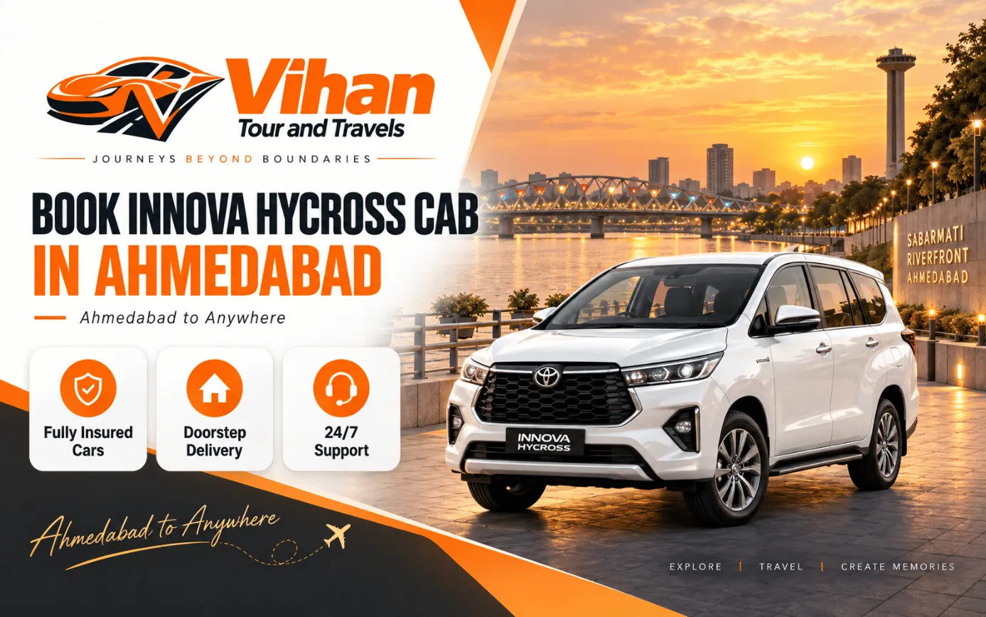 White Innova Hycross cab for family and business travel in Ahmedabad